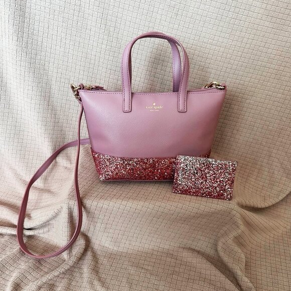 Kate Spade Greta Court Ina Glitter Dusty Peony Mini Satchel + Matching Card Case - Picture 1 of 13